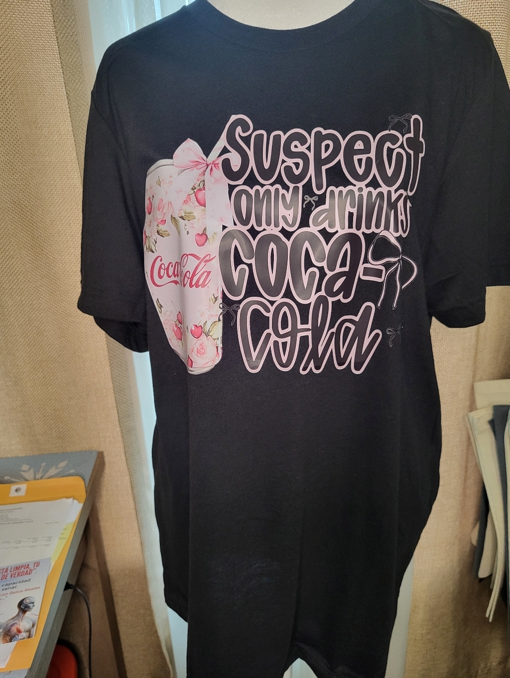 Coca-Cola Black Tee with Pink Heart Graphic HANDMADE